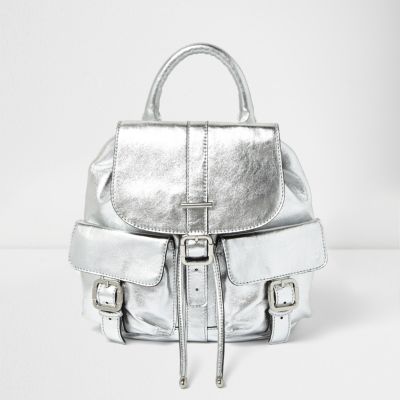 Silver leather pocket backpack